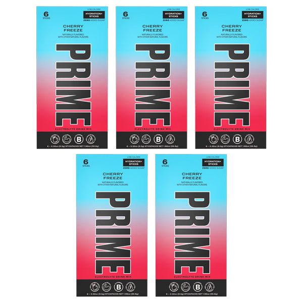 Five boxes of Prime Hydration+ Sticks Cherry Freeze Sugar Free (6 count each) by Prime are arranged in two rows, each featuring product details and branding in blue, red, black, and white for zero-sugar hydration.